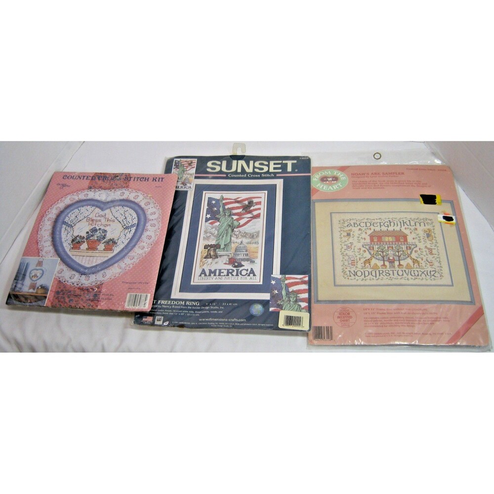 Mixed Lot Of 4 Cross Stitch Kits: JCA, Dimensions, Sunset, Precious Moments
